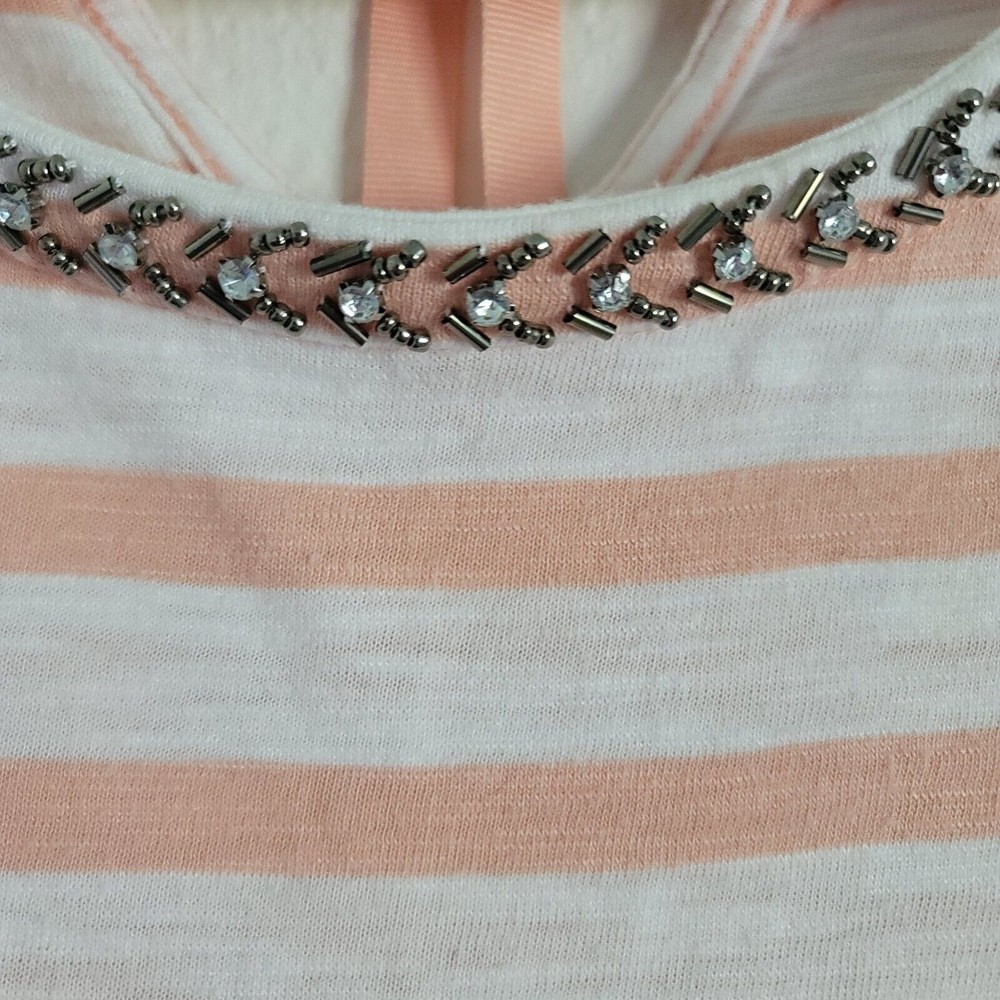 Chicos Womens 3/4 Sleeve Beaded Stripe Nautical Top Sz L Pink Tie Neck Casual - Picture 5 of 13